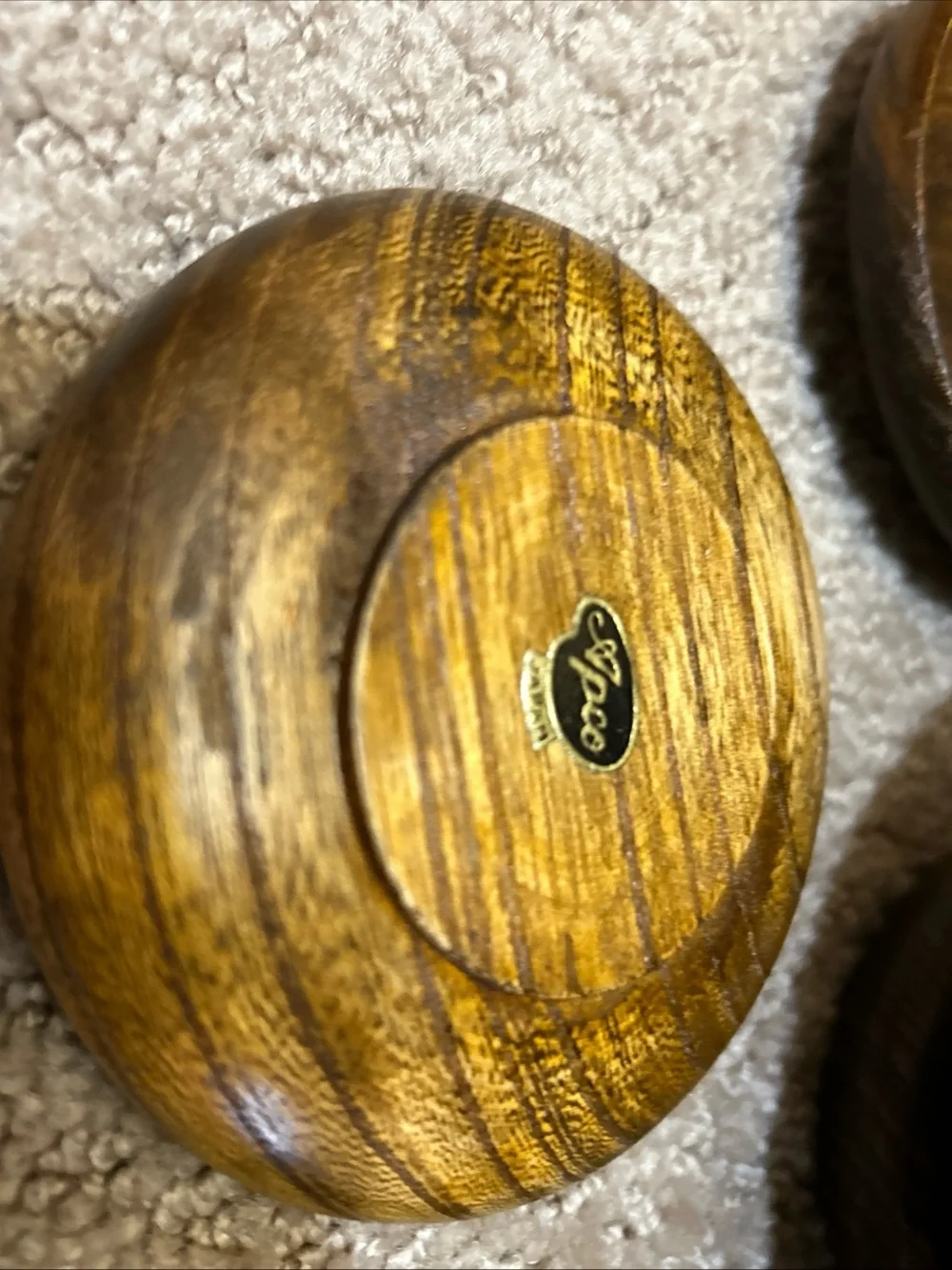 Vtg Apco Teak MCM Wood Orb Eye Olive Shaped Nut Bowl Spoon Dish Set Salt Cellar